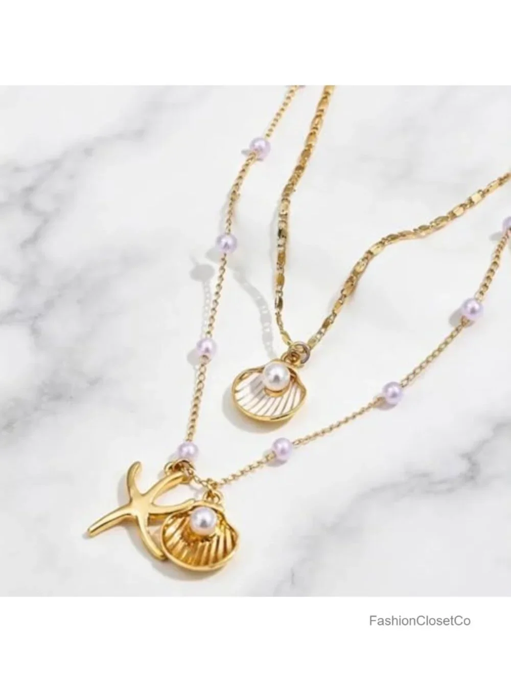Gold Layered Seashell Necklace Set Boho Pearl Beaded Starfish Charm Chain